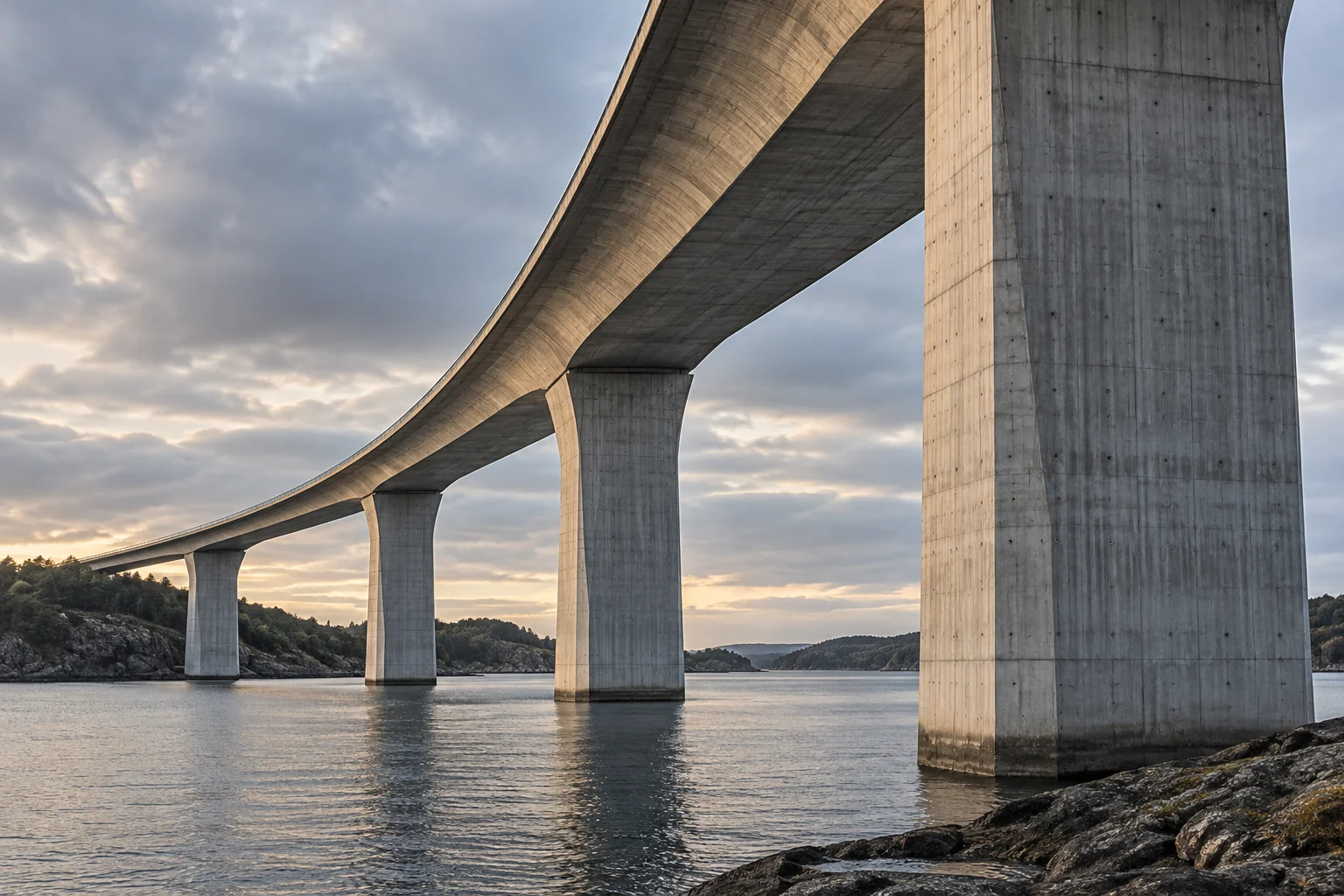 AI-illustration av en betongbro med höga bropelare över vatten.